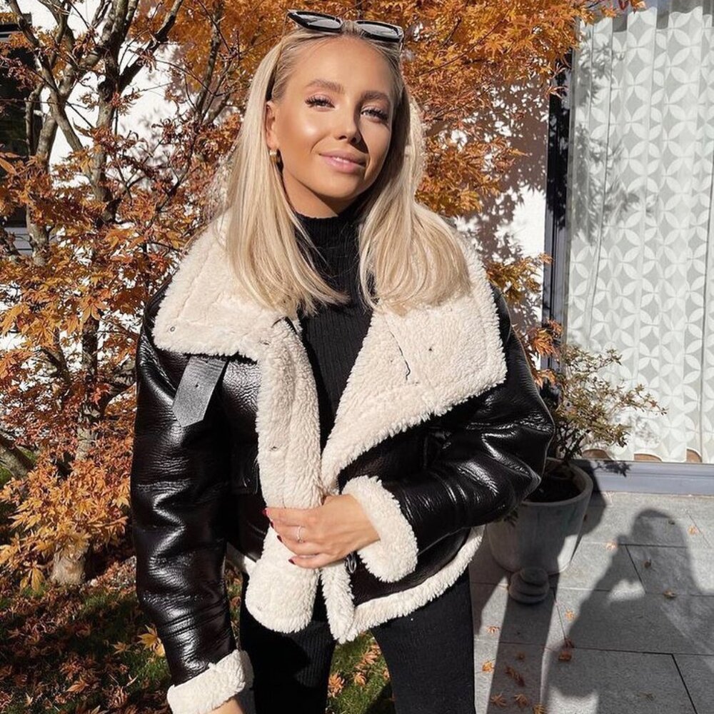 Zara Faux Leather Fleece Collar Jacket Black M 4341/724